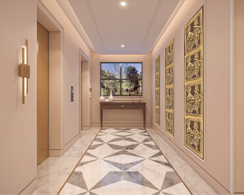 Render of a lift lobby with patterned gold wall panels and a geometric marble floor