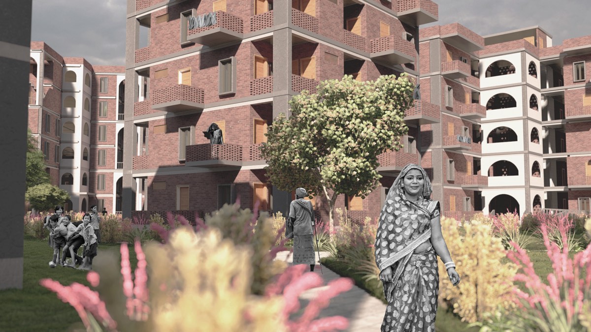 Render of a planted courtyard between brick housing blocks, with residents walking through