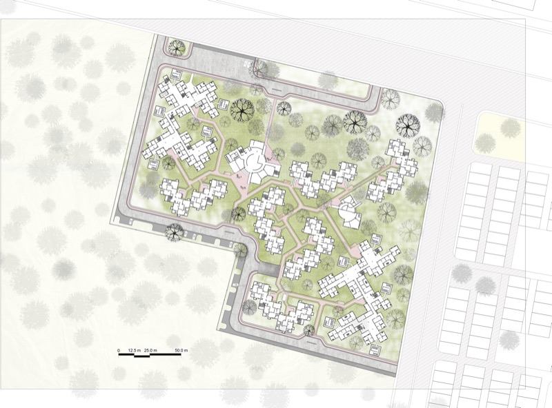 Site plan showing building clusters, paths and trees