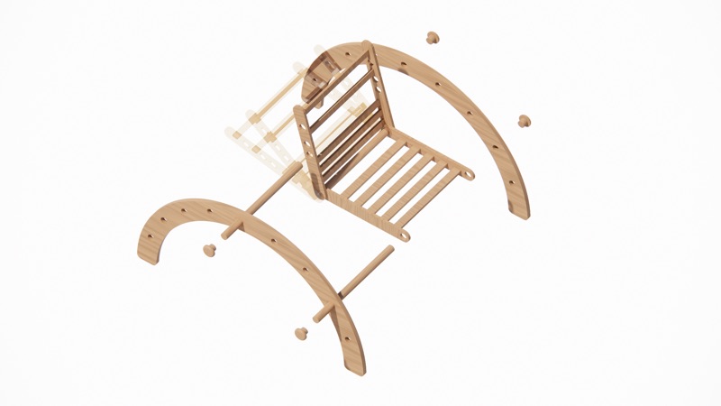 Render of the chair frame separated into its plywood parts and dowels