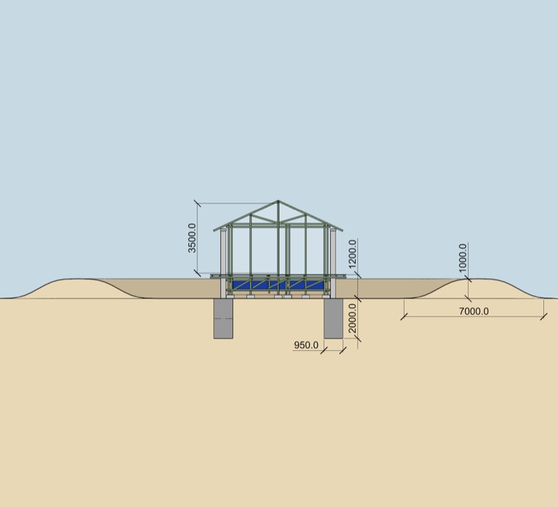 Dimensioned section drawing of the house, its footings and the earth berm