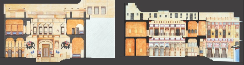Hand-coloured elevation and section of the haveli