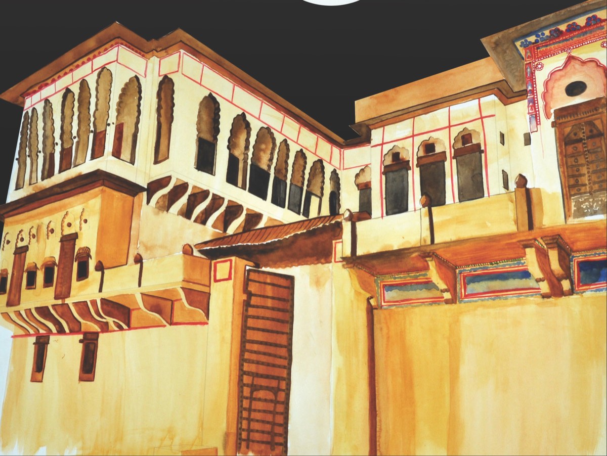 Watercolour of a haveli facade with arched balconies