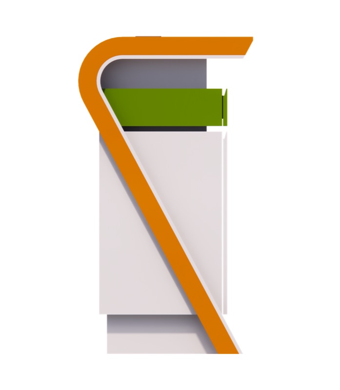 Render of a white counter with an orange edge and green shelf