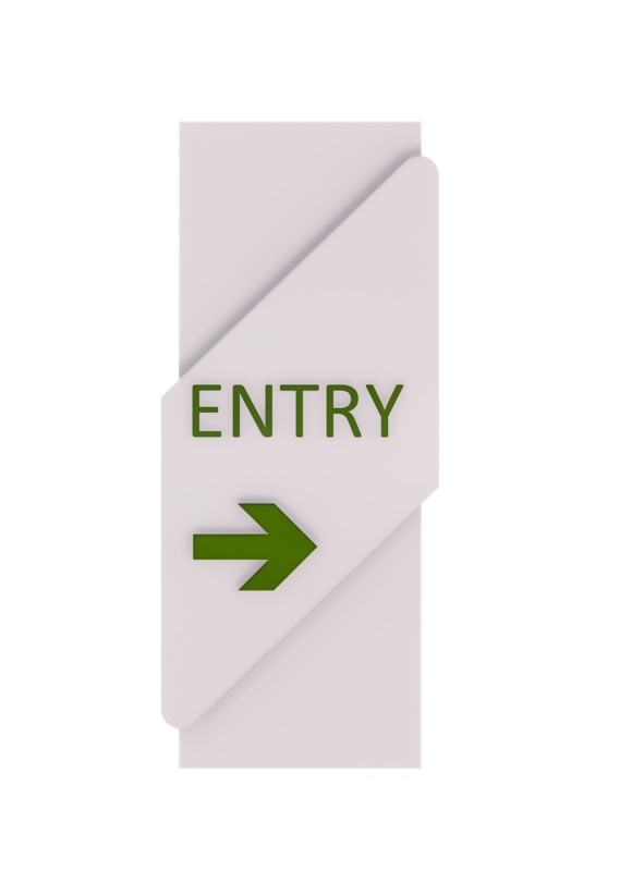 Render of a folded white entry sign with a green arrow