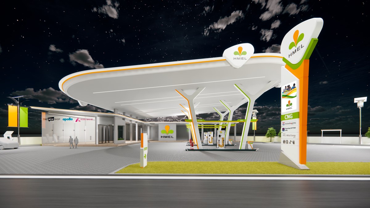 Render of a fuel station at night with a white three-lobed canopy on branching columns and an orange and green pylon