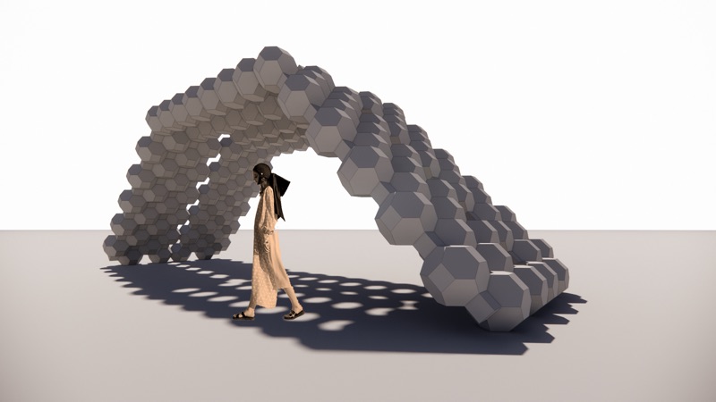 Render of a person walking under an arch made of hexagonal blocks