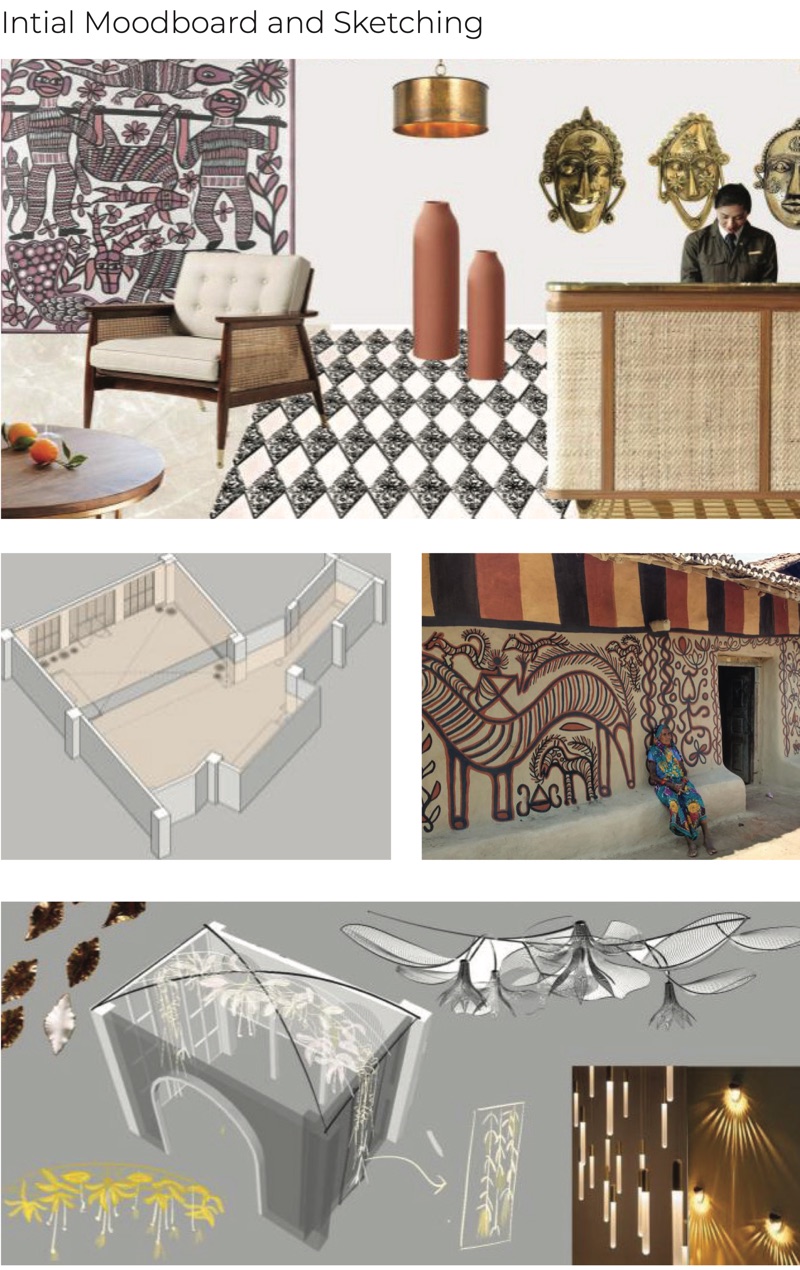 Moodboard of tribal wall painting, brass masks and furniture above sketches of the lobby and a floral chandelier