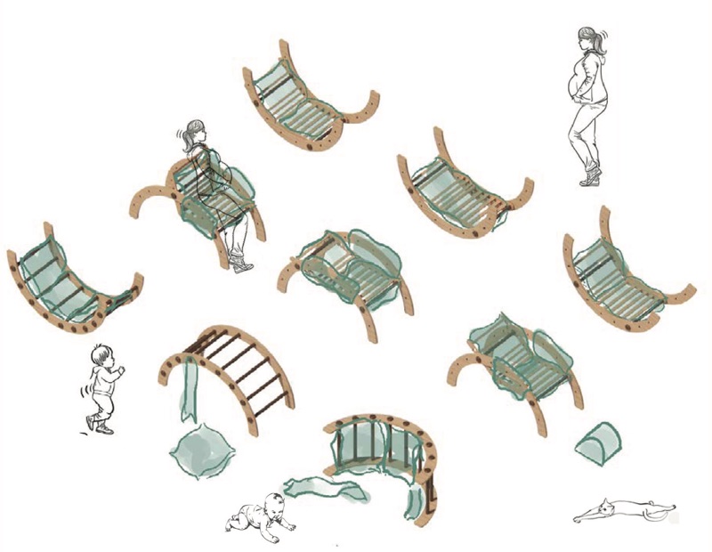 Sketches of the chair in many configurations with a pregnant woman, a baby and a toddler