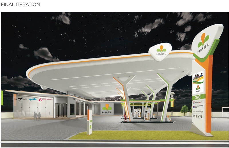 Night render of the canopy and a tall orange and green pylon