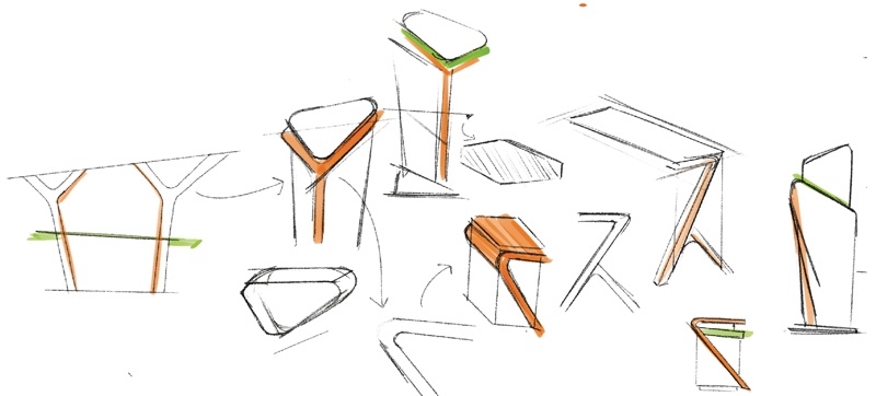 Pencil sketches of signs and counters with orange and green bands