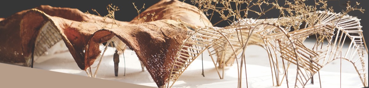 Model of a curving roof made of thin sticks and a brown skin