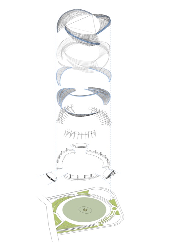 Exploded drawing of the stadium in six layers
