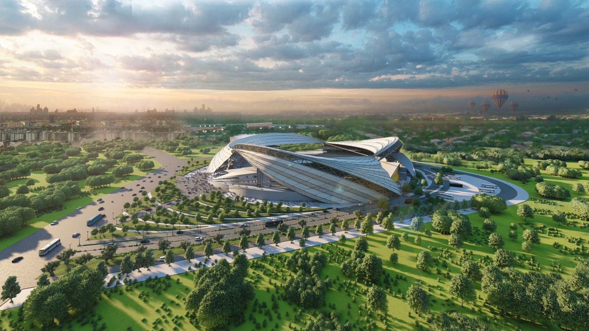 Aerial render of a spiral-shaped stadium at dusk in a green landscape