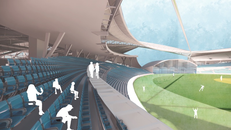 Render from the upper stand looking across blue seating to the pitch