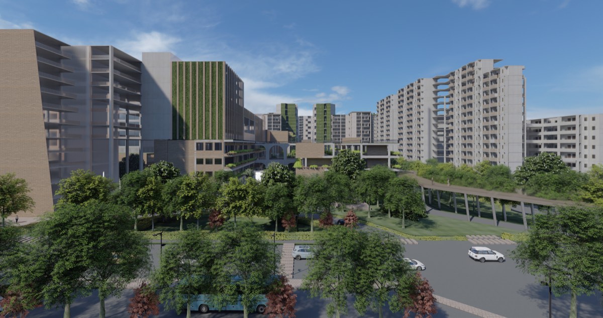 Aerial render of mid-rise buildings among trees along a road
