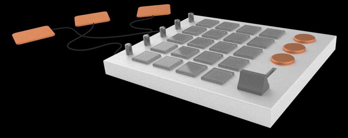 Render of a white sequencer with a grid of grey pads, three copper buttons and a fader, wired to three copper-coloured patches